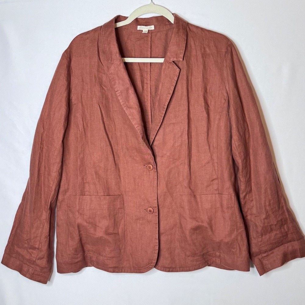 Eileen Fisher Linen Blazer L Brown Terracotta Organic Beach Lagenlook Old Money